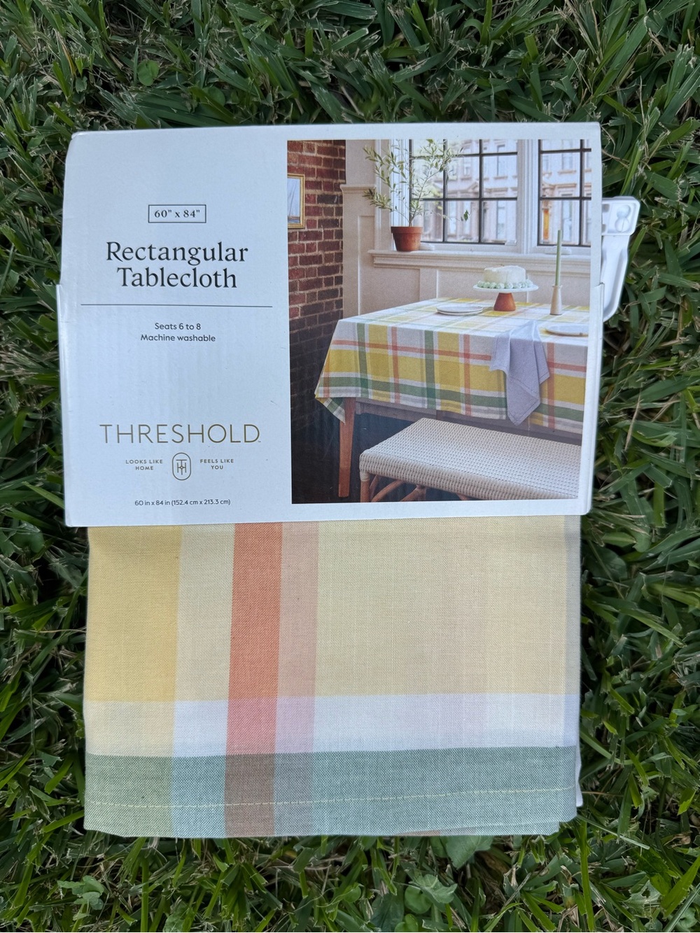 Threshold Rectangular Tablecloth in Yellow Green Orange Plaid Spring 60x84